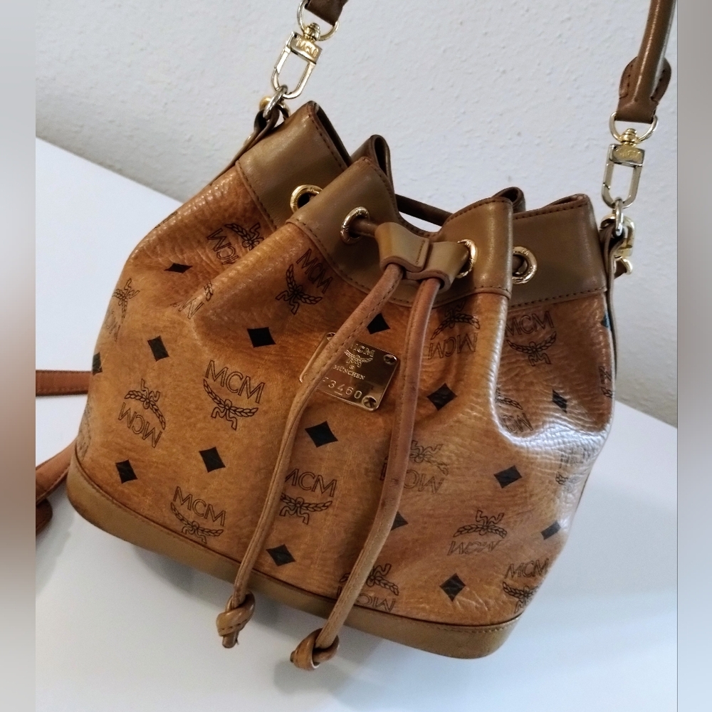 MCM Cognac Logo Drawstring Bucket Bag with Gold Hardware - Picture 2 of 12